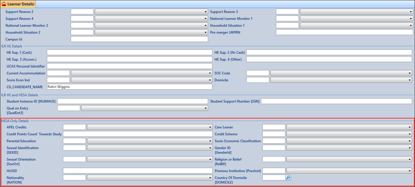 HESA Only Details section